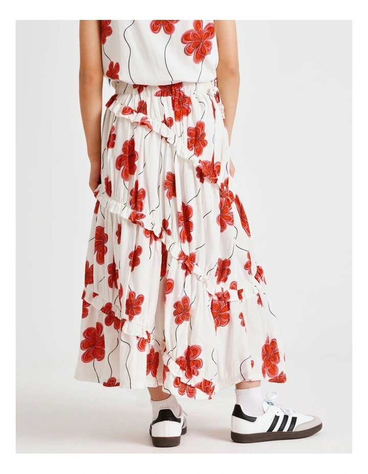 Linen Tiered Midi Skirt with Ruffle in Floral Ecru and Red image 3