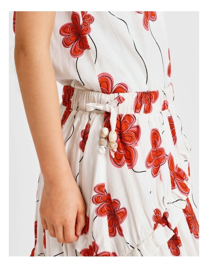 Linen Tiered Midi Skirt with Ruffle in Floral Ecru and Red image 4