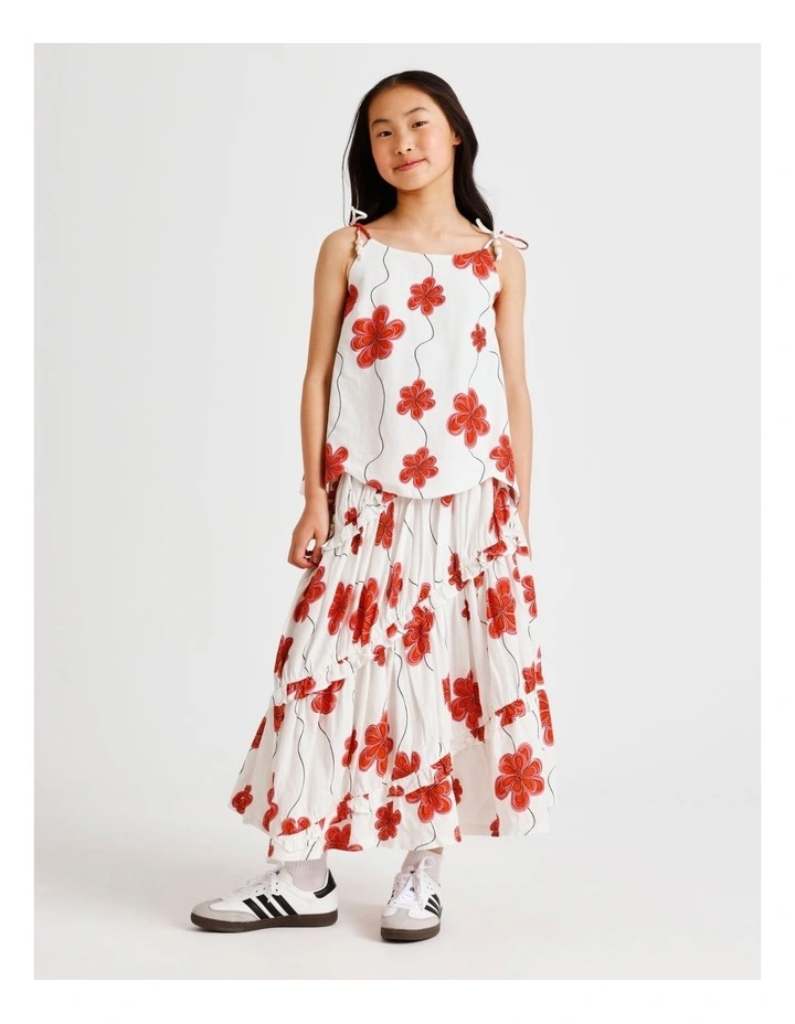 Linen Tiered Midi Skirt with Ruffle in Floral Ecru and Red image 5