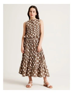Linen Tiered Midi Skirt wth Ruffle in Brown