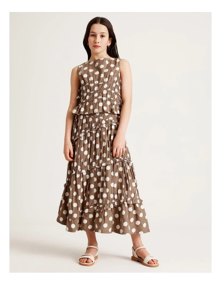 Linen Tiered Midi Skirt wth Ruffle in Brown image 1