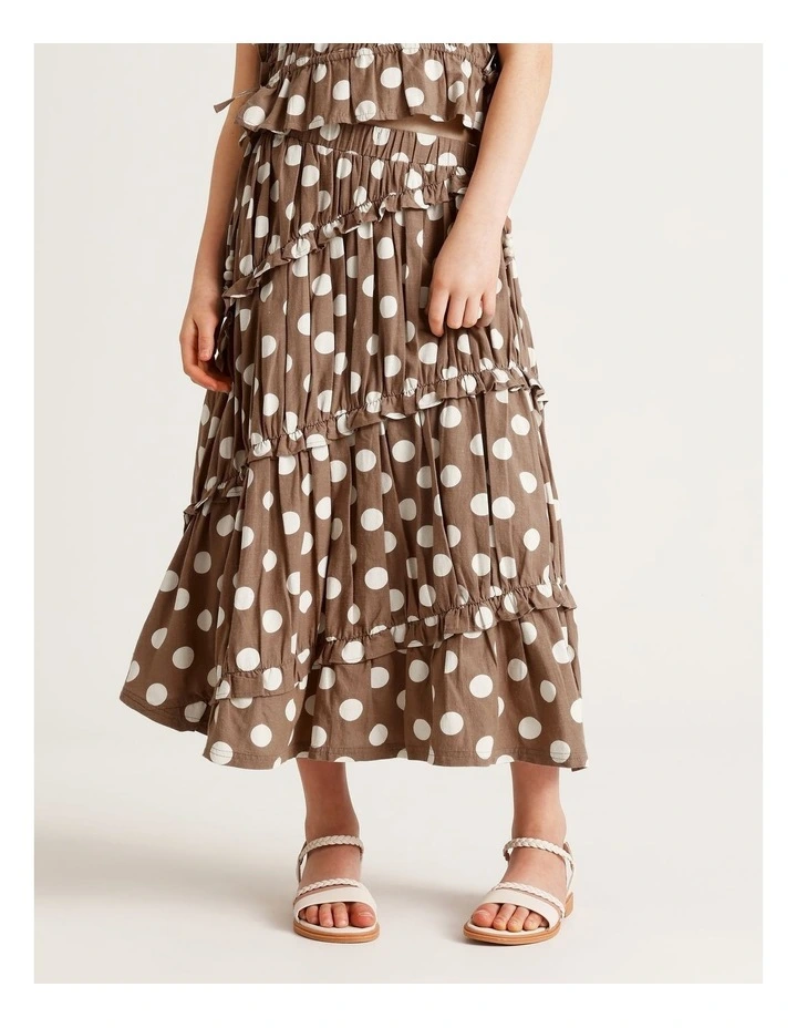 Linen Tiered Midi Skirt wth Ruffle in Brown image 2