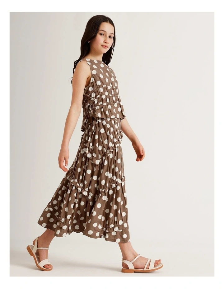 Linen Tiered Midi Skirt wth Ruffle in Brown image 3