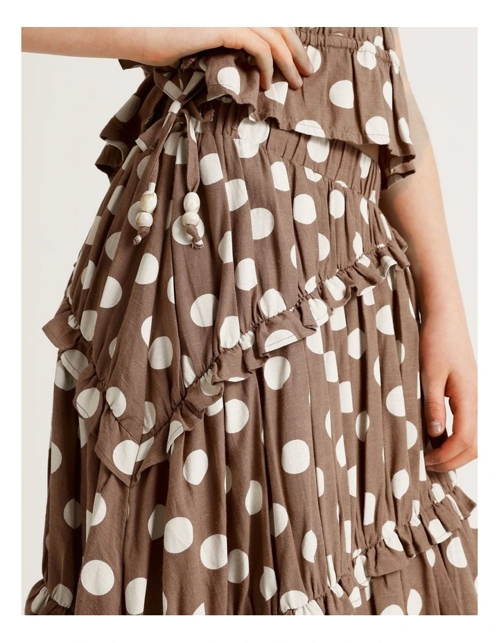 Linen Tiered Midi Skirt wth Ruffle in Brown image 4