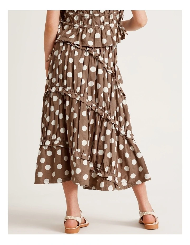 Linen Tiered Midi Skirt wth Ruffle in Brown image 5