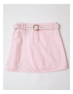 Linen Panelled Skirt with Buckle Belt in Light Pink and Gold