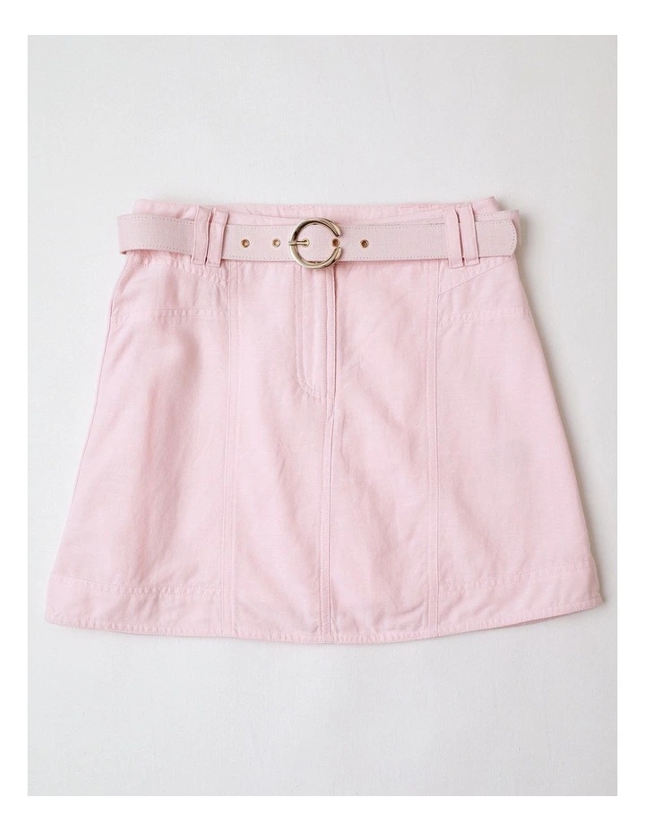 Linen Panelled Skirt with Buckle Belt in Light Pink and Gold image 1