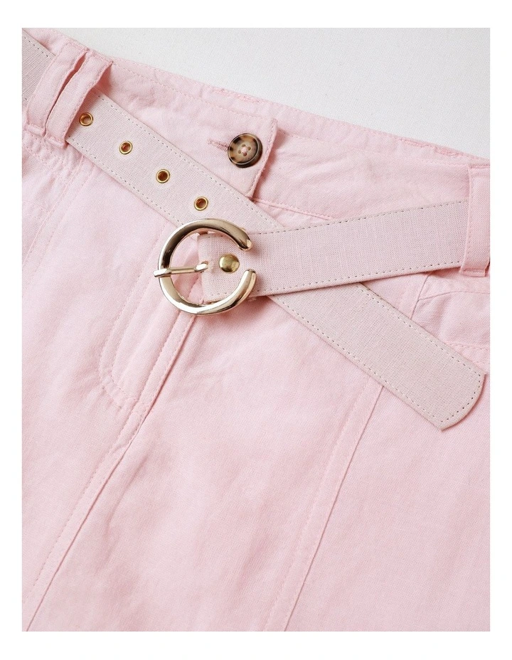Linen Panelled Skirt with Buckle Belt in Light Pink and Gold image 2