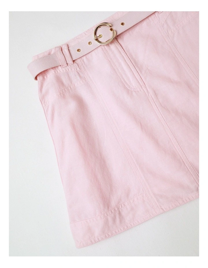 Linen Panelled Skirt with Buckle Belt in Light Pink and Gold image 4