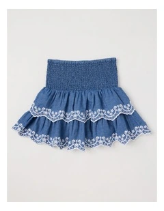 Rara Chambray Skirt with Embroidered Hem in Mid Wash