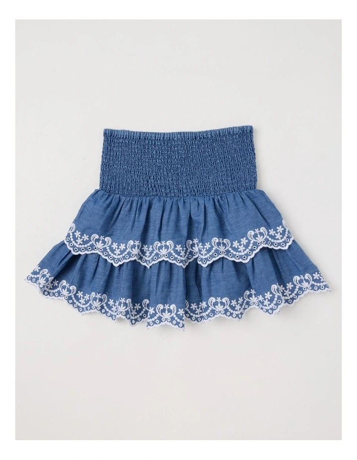 Rara Chambray Skirt with Embroidered Hem in Mid Wash image 1