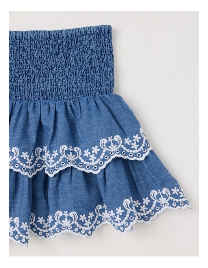 Rara Chambray Skirt with Embroidered Hem in Mid Wash image 2