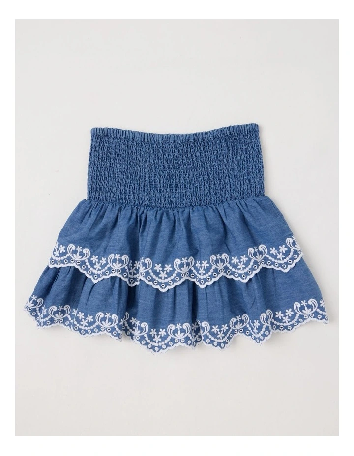 Rara Chambray Skirt with Embroidered Hem in Mid Wash image 3