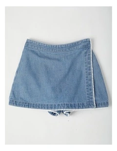 Denim Skort with Bobble Trim And Tie Waist