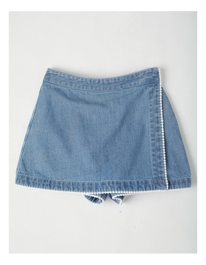Denim Skort with Bobble Trim And Tie Waist image 1