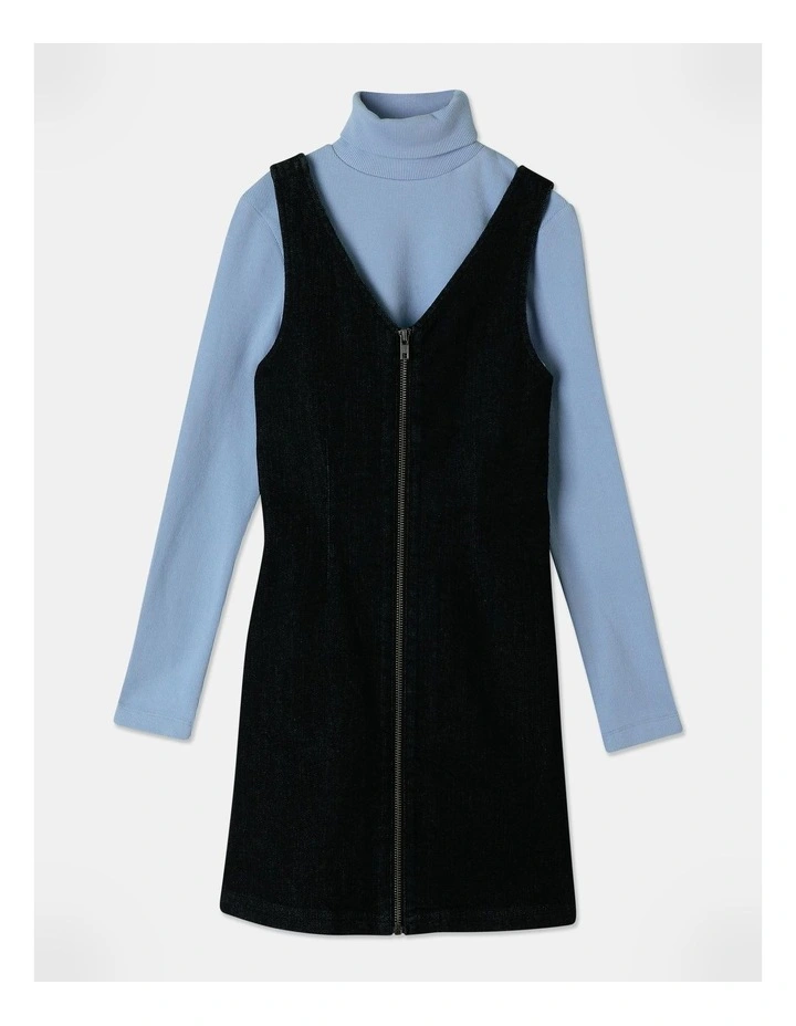 Denim Pinny Dress and Rib Top Set in Black image 1
