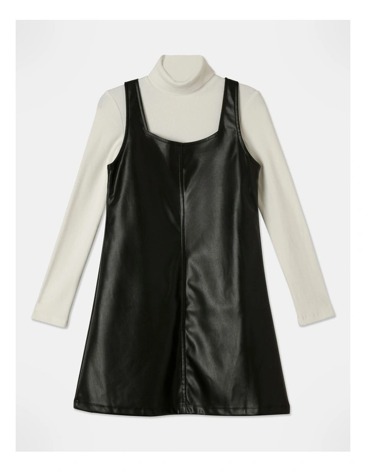 Faux Leather Pinafore and Rib Top Set in Black image 1