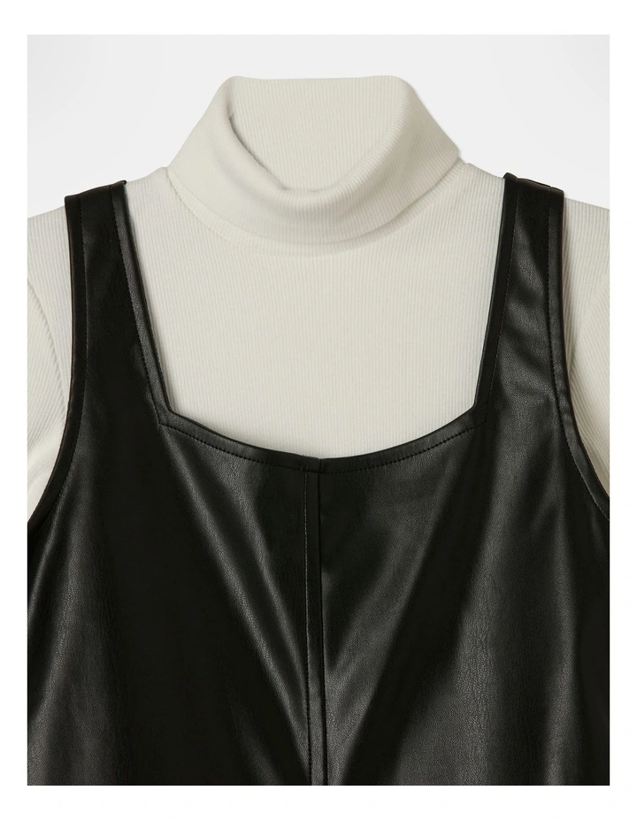 Faux Leather Pinafore and Rib Top Set in Black image 2