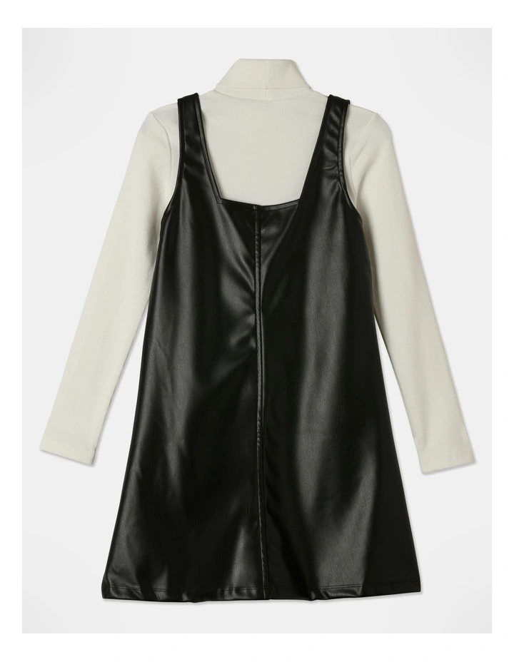 Faux Leather Pinafore and Rib Top Set in Black image 4