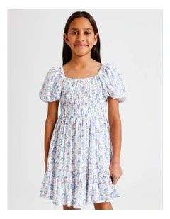Short Sleeve Rayon Puff Sleeve Dress in Floral and Ecru