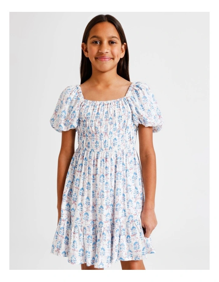 Short Sleeve Rayon Puff Sleeve Dress in Floral and Ecru image 1