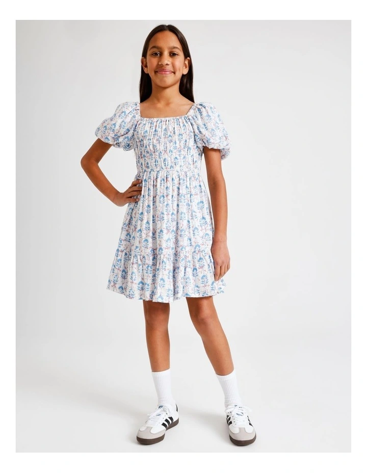 Short Sleeve Rayon Puff Sleeve Dress in Floral and Ecru image 2