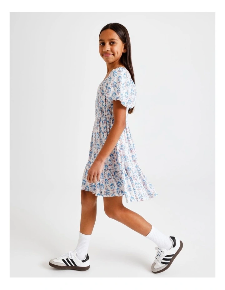 Short Sleeve Rayon Puff Sleeve Dress in Floral and Ecru image 3
