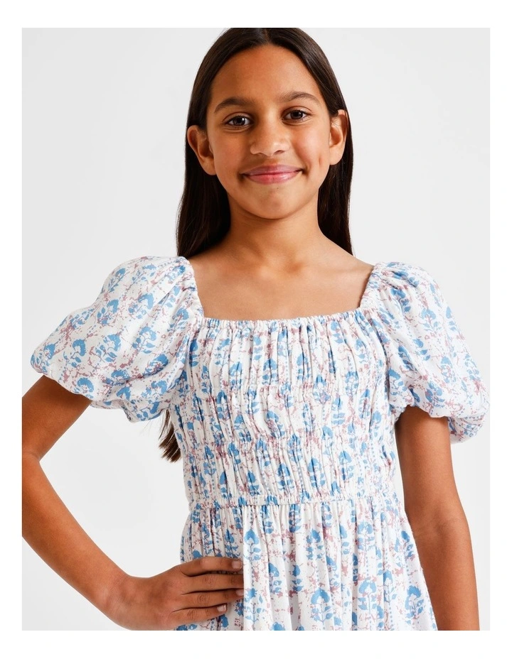 Short Sleeve Rayon Puff Sleeve Dress in Floral and Ecru image 4
