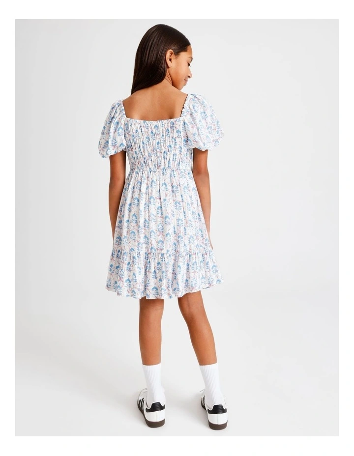 Short Sleeve Rayon Puff Sleeve Dress in Floral and Ecru image 5