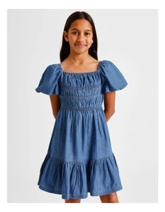Short Sleeve Chambray Puff Sleeve Dress in Blue