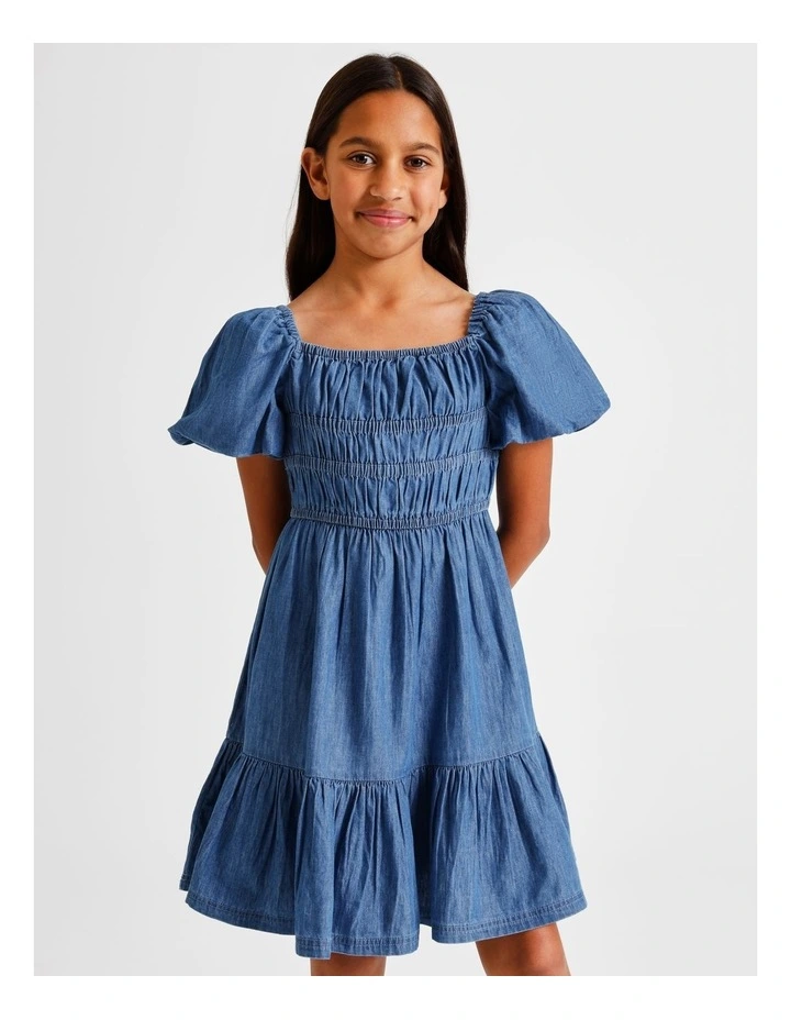 Short Sleeve Chambray Puff Sleeve Dress in Blue image 1