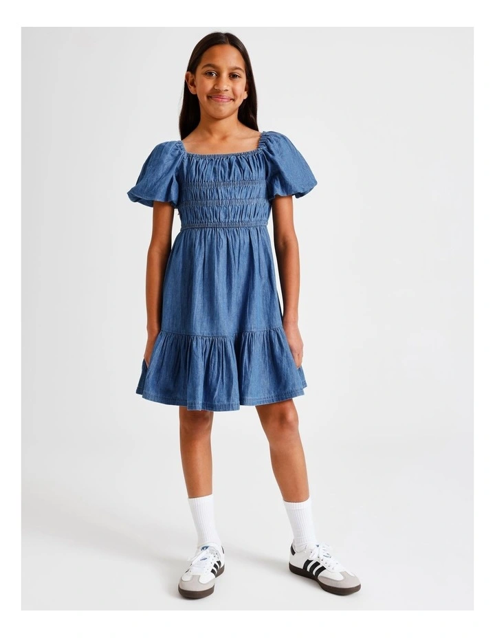 Short Sleeve Chambray Puff Sleeve Dress in Blue image 2