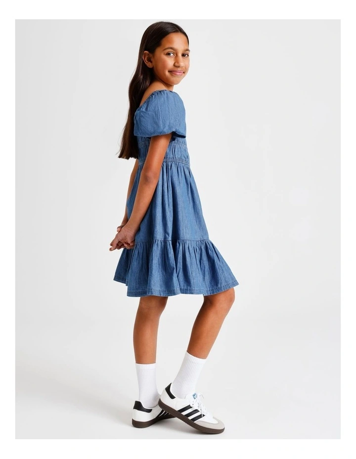 Short Sleeve Chambray Puff Sleeve Dress in Blue image 3