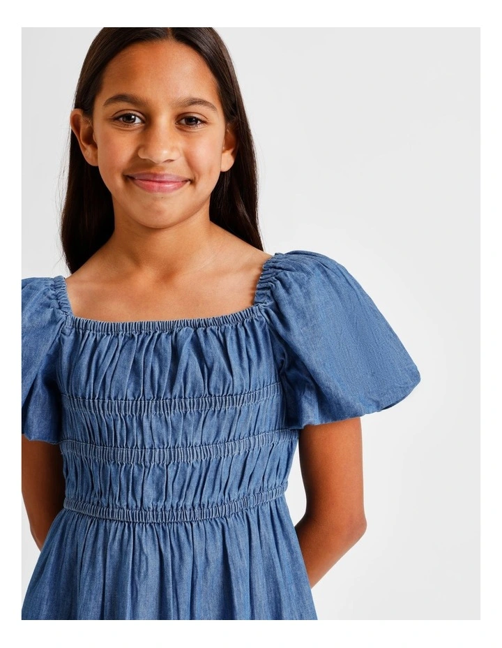 Short Sleeve Chambray Puff Sleeve Dress in Blue image 4
