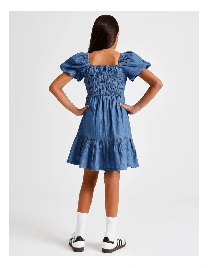 Short Sleeve Chambray Puff Sleeve Dress in Blue image 5