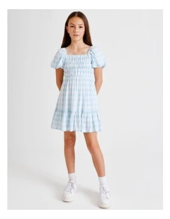 Short Sleeve Rayon Puff Sleeve Dress in Light Blue Gingham