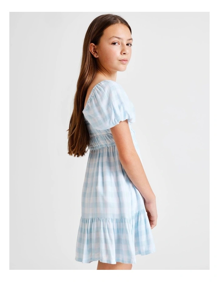 Short Sleeve Rayon Puff Sleeve Dress in Light Blue Gingham image 2