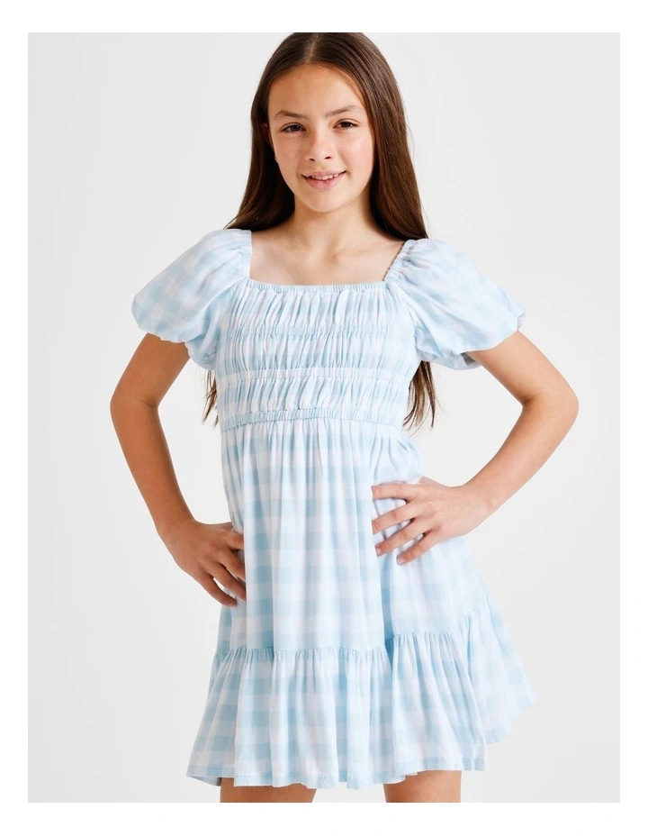 Short Sleeve Rayon Puff Sleeve Dress in Light Blue Gingham image 3