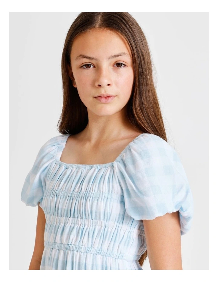 Short Sleeve Rayon Puff Sleeve Dress in Light Blue Gingham image 4