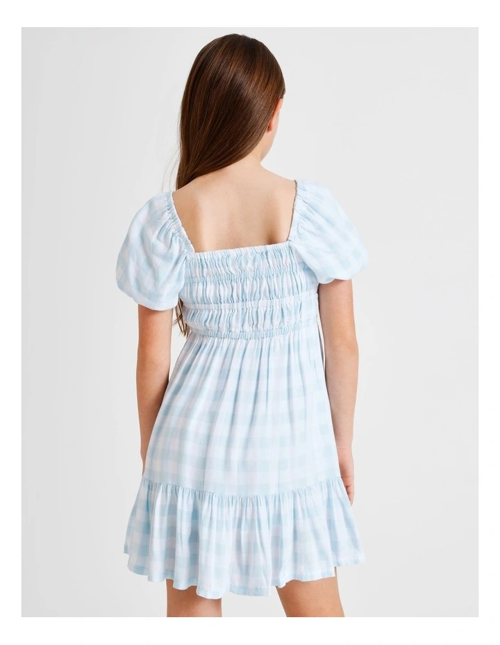 Short Sleeve Rayon Puff Sleeve Dress in Light Blue Gingham image 5