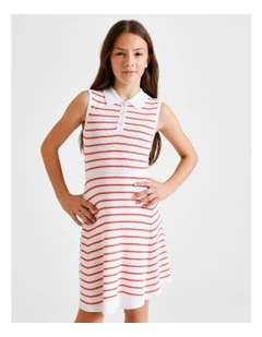 Sleeveless Tennis Dress in Ecru and Coral