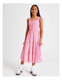 Sleeveless Rayon Shirred Bodice Midi Dress in Dusty Pink