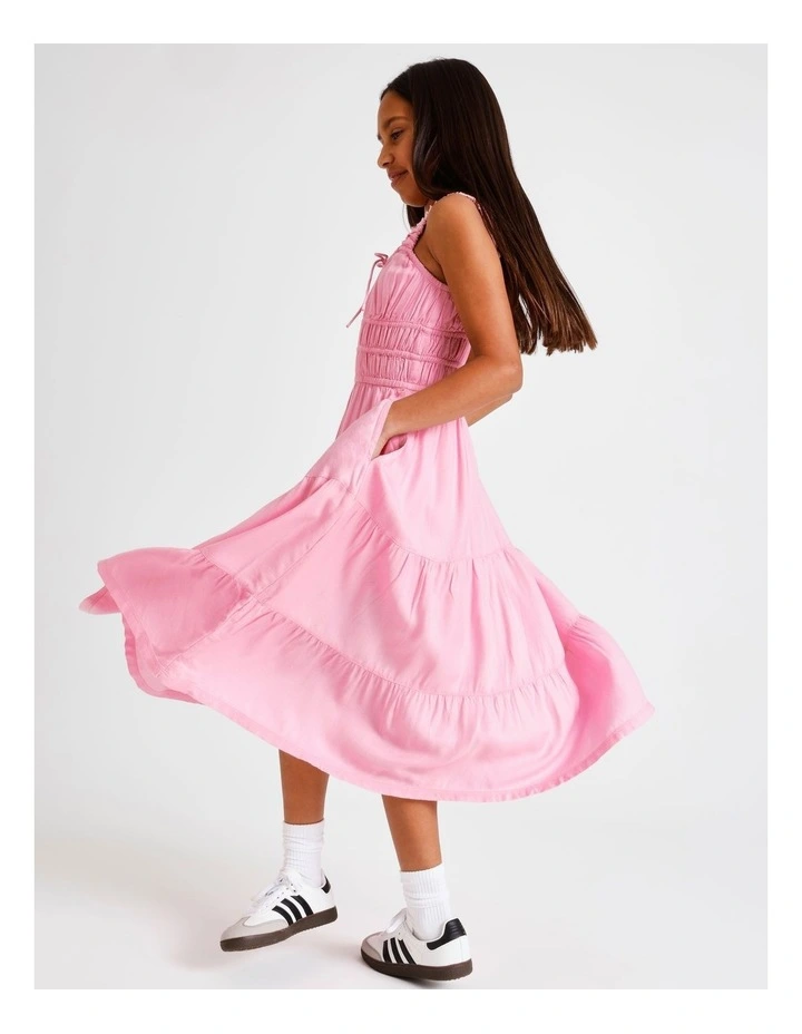 Sleeveless Rayon Shirred Bodice Midi Dress in Dusty Pink image 3