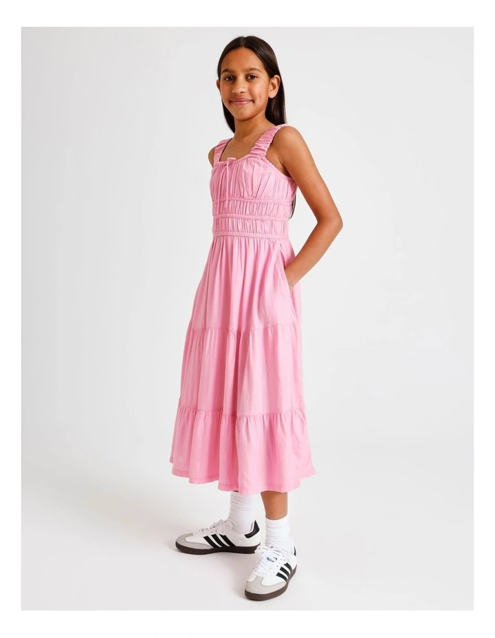 Sleeveless Rayon Shirred Bodice Midi Dress in Dusty Pink image 4