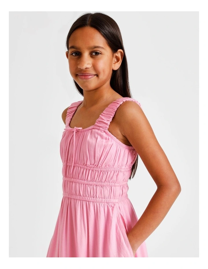 Sleeveless Rayon Shirred Bodice Midi Dress in Dusty Pink image 5