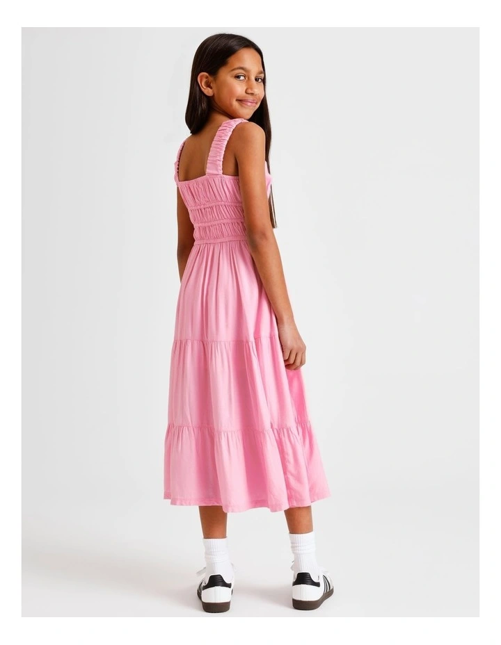 Sleeveless Rayon Shirred Bodice Midi Dress in Dusty Pink image 6