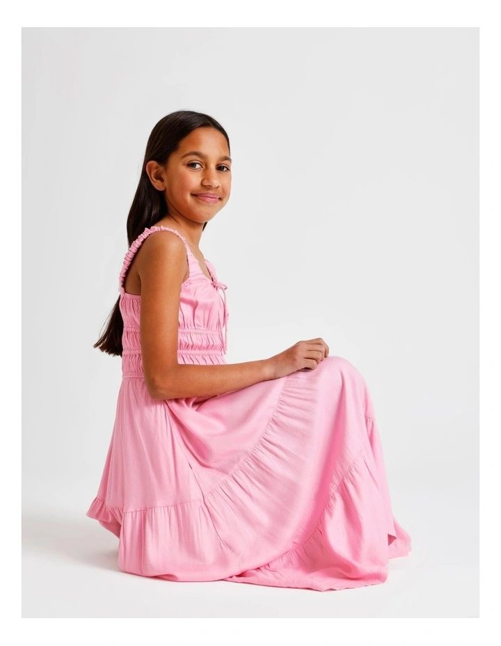 Sleeveless Rayon Shirred Bodice Midi Dress in Dusty Pink image 7