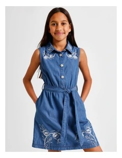 Sleeveless A-Line Button Front Dress with Tie in Indigo