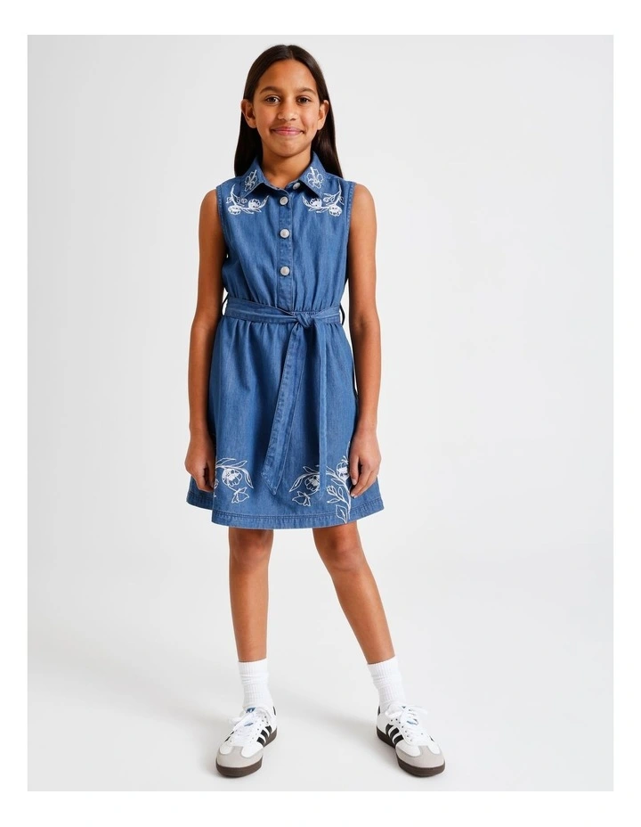 Sleeveless A-Line Button Front Dress with Tie in Indigo image 3