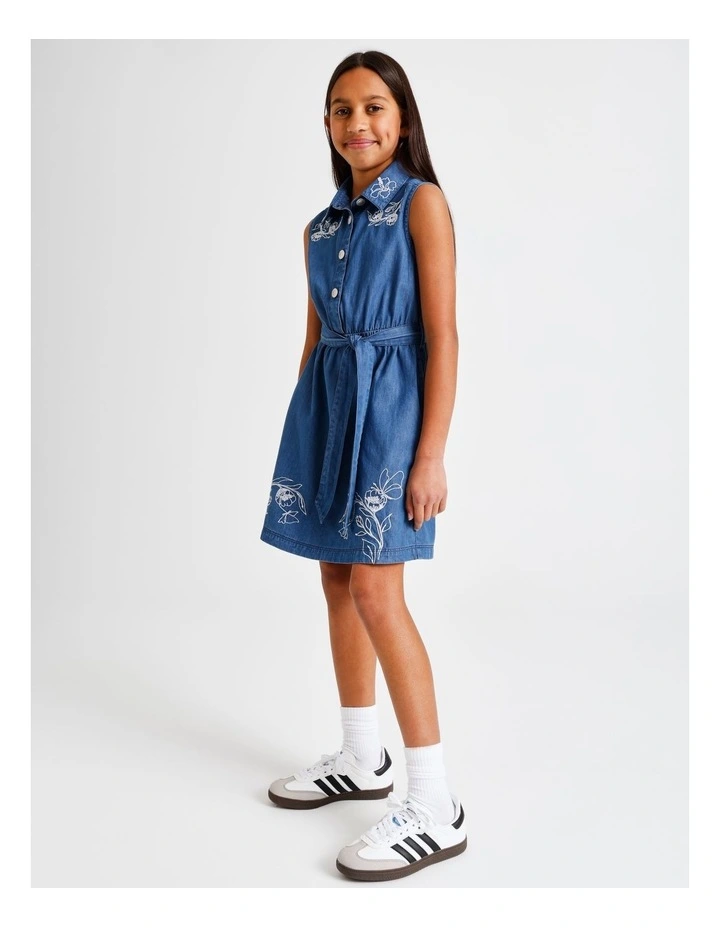 Sleeveless A-Line Button Front Dress with Tie in Indigo image 4
